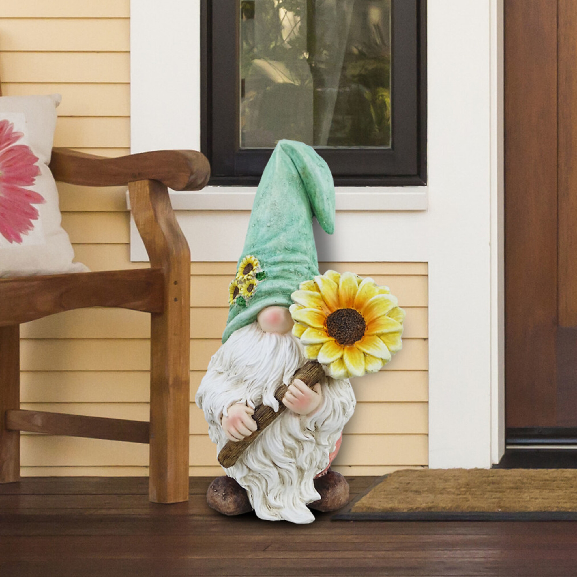 Alpine Corporation, Gnome with Turquoise Hat Holding Sunflower Decor, Model# MCC842